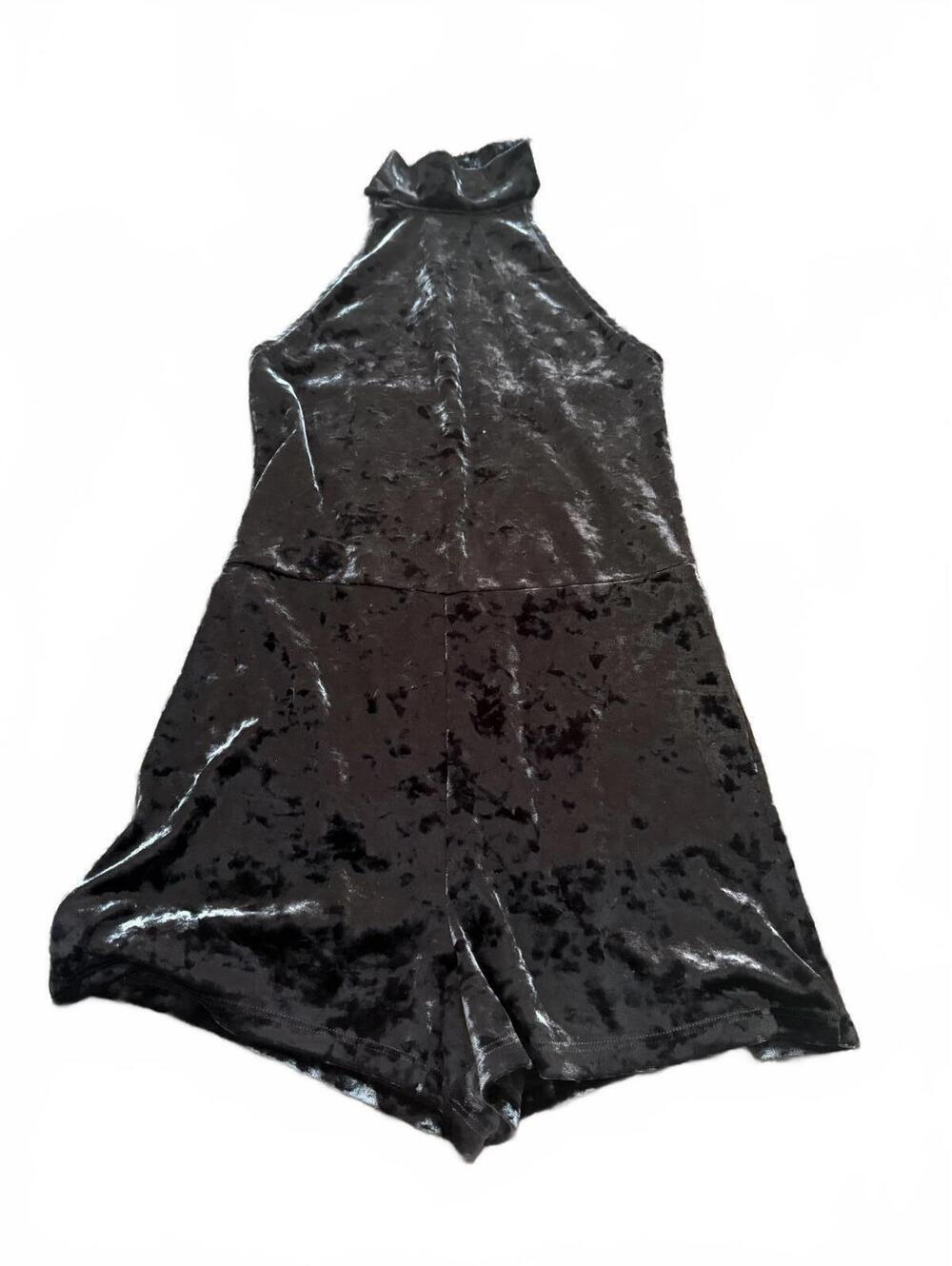 June & Hudson Black Crushed Velvet Halter Romper Shorts Y2K Size S